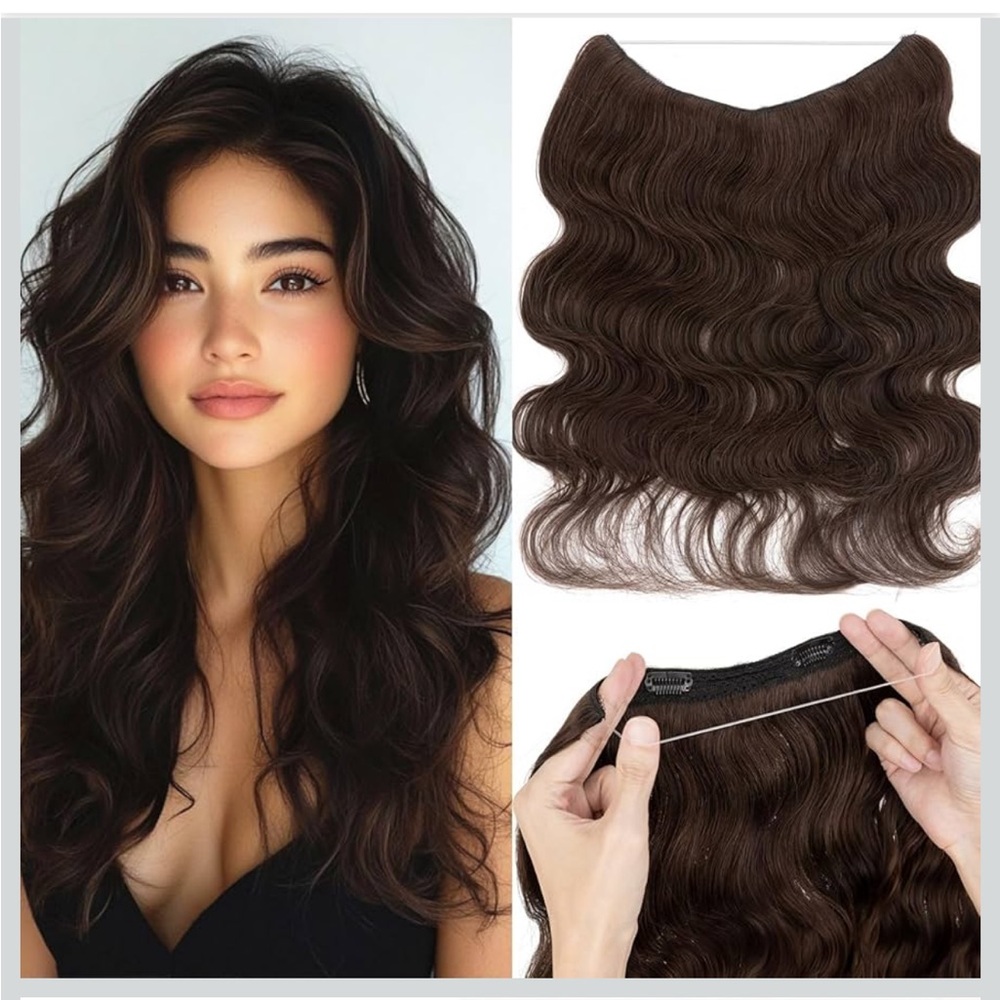 Halo Hair Extensions Real Human Hair Remy Hairs Halo 16”  Wavy-#2R Dark Brown